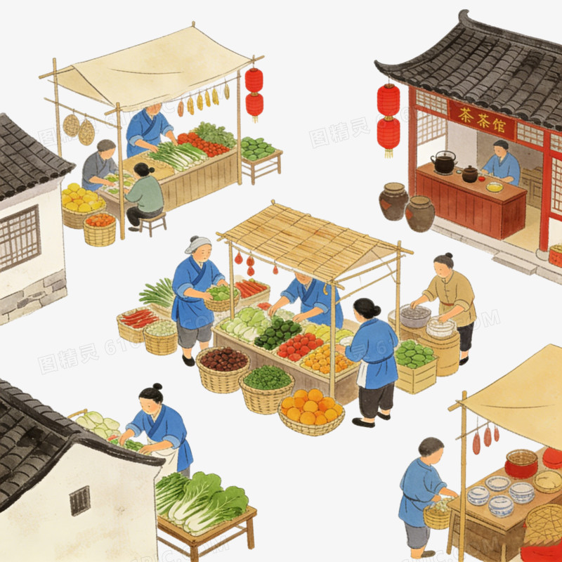 中国中式街道商业街菜市场ai免抠元素