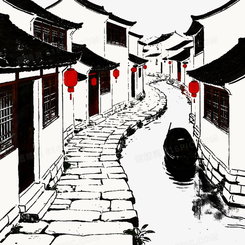 中国中式古镇江南水乡田园乡村建筑插图ai免抠元素