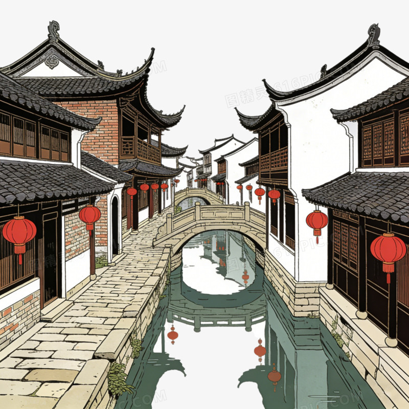 中国中式古镇江南水乡的河道ai免抠元素