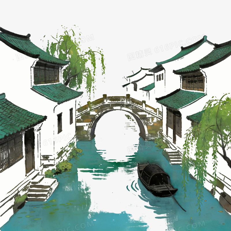 中国中式古镇江南水乡河道ai免抠元素