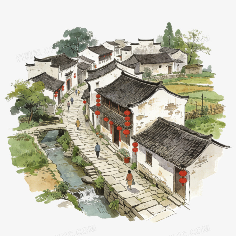 中国中式古镇江南水乡田园乡村剪影ai免抠元素