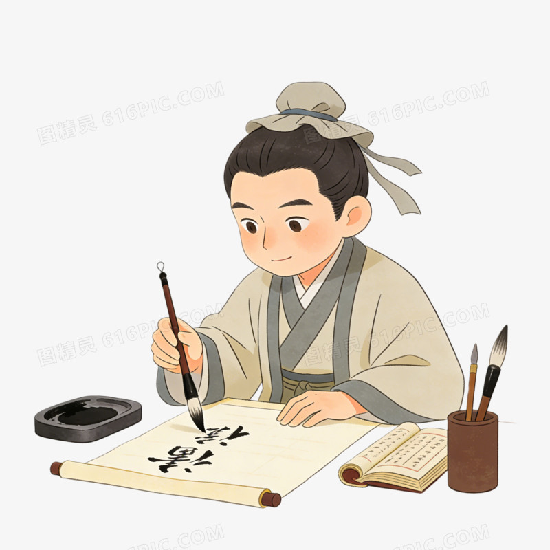 文房四宝古人作书法ai免抠元素