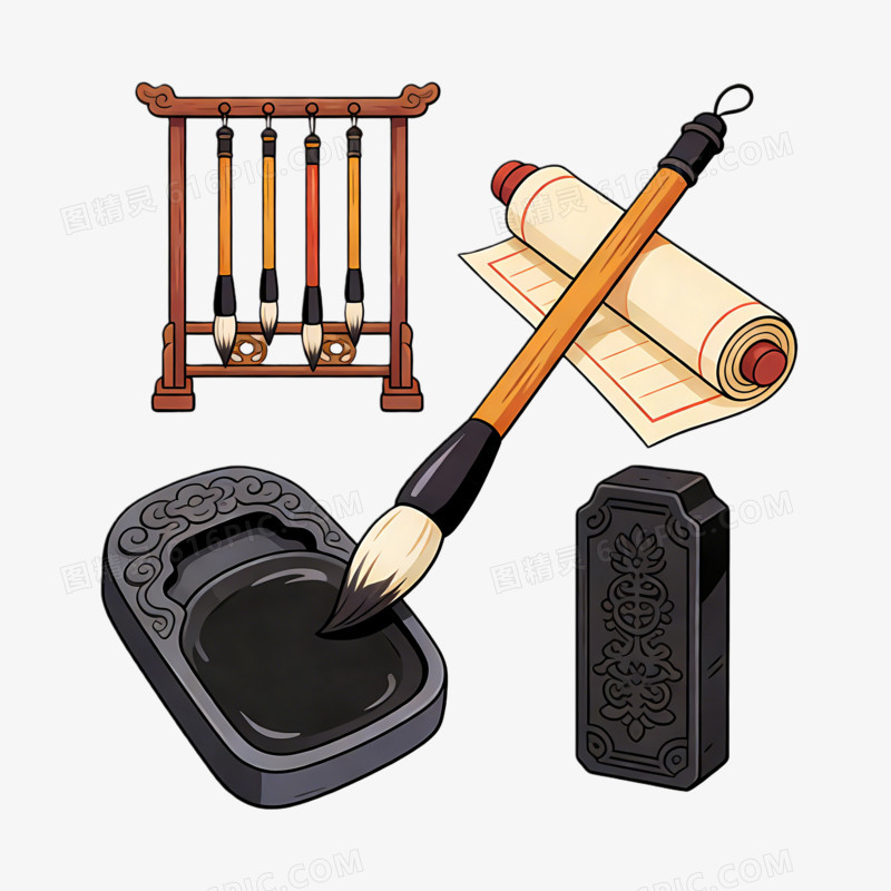 文房四宝笔墨纸砚插画ai免抠元素