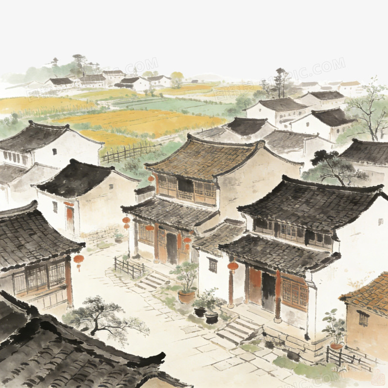 中国中式古镇江南水乡田园乡村插画残影ai免抠元素