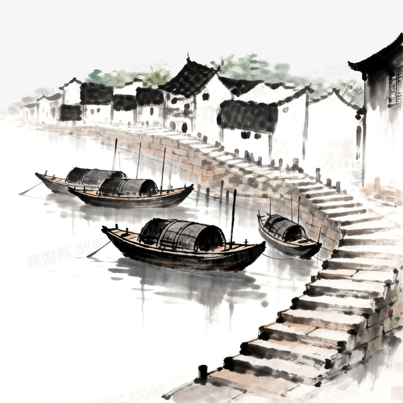 卡通手绘古镇风光免抠元素