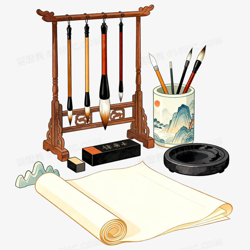 卡通手绘插画文房四宝笔墨纸砚免抠元素