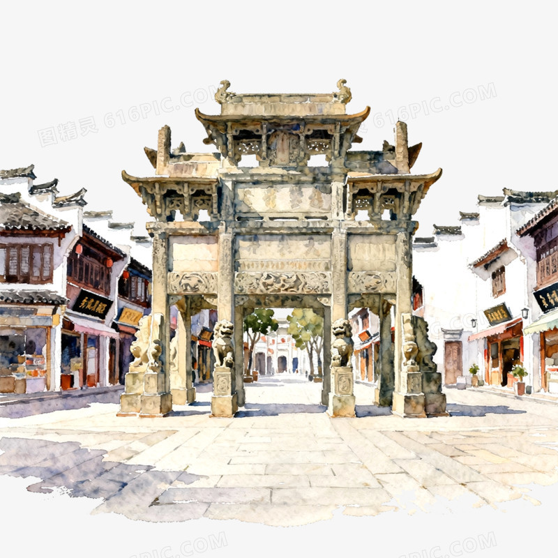 中式水墨风手绘古镇风光免抠元素