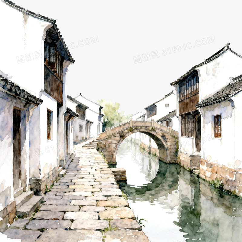 卡通手绘古镇风光免抠元素