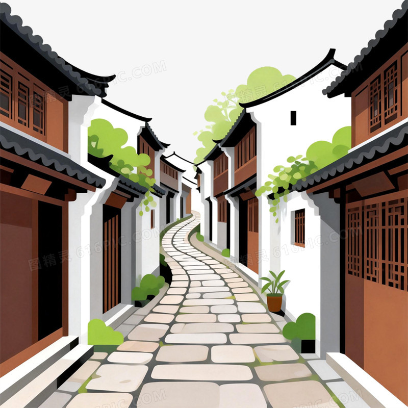卡通手绘古镇风光免抠元素