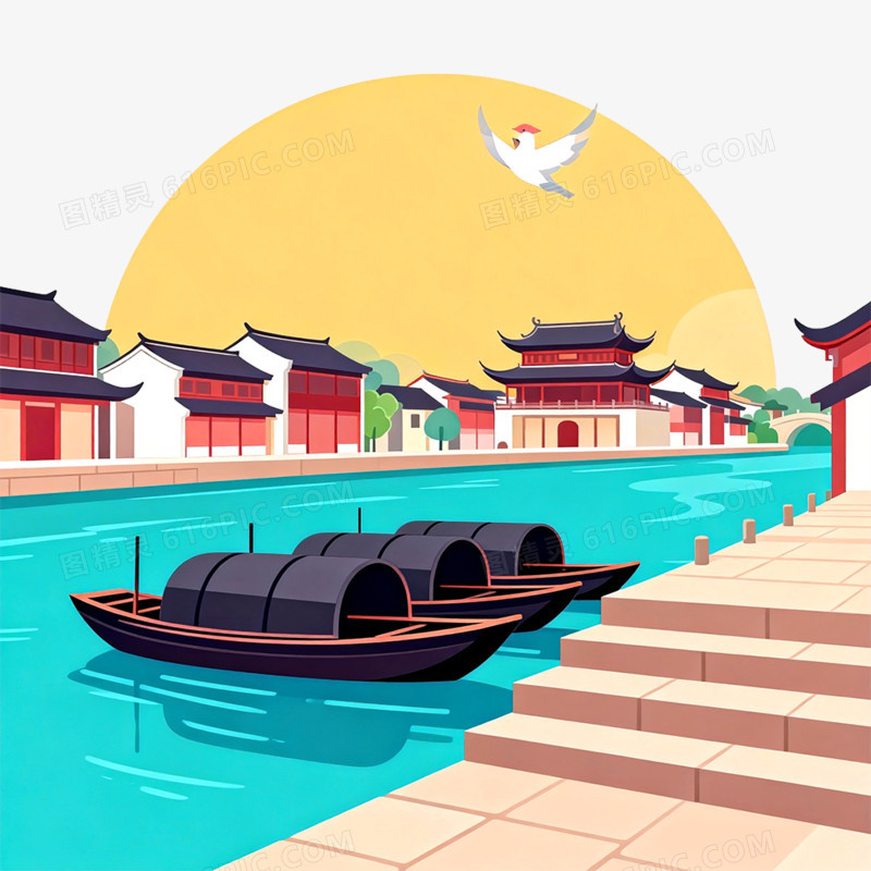 卡通手绘古镇风光免抠元素