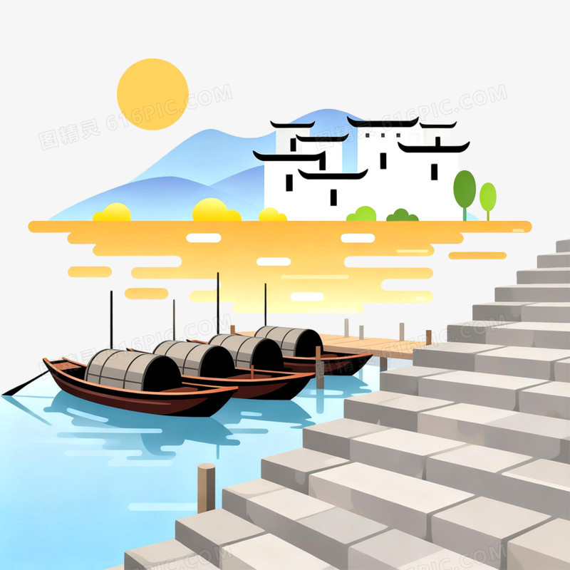 卡通手绘古镇风光免抠元素