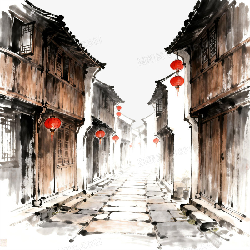 中式水墨风手绘古镇风光免抠元素