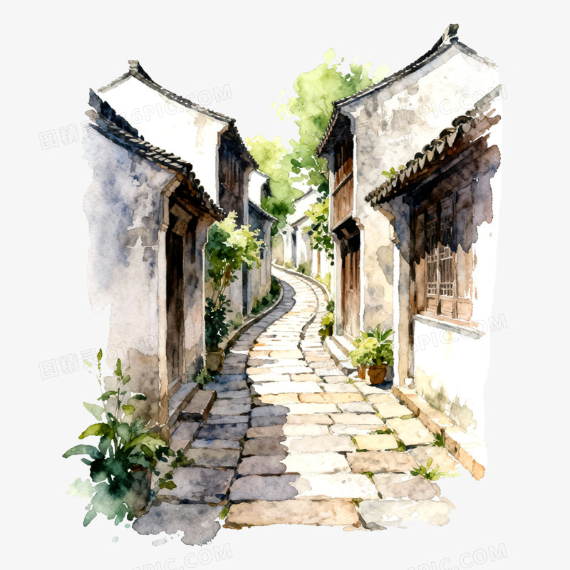 卡通手绘古镇风光免抠元素