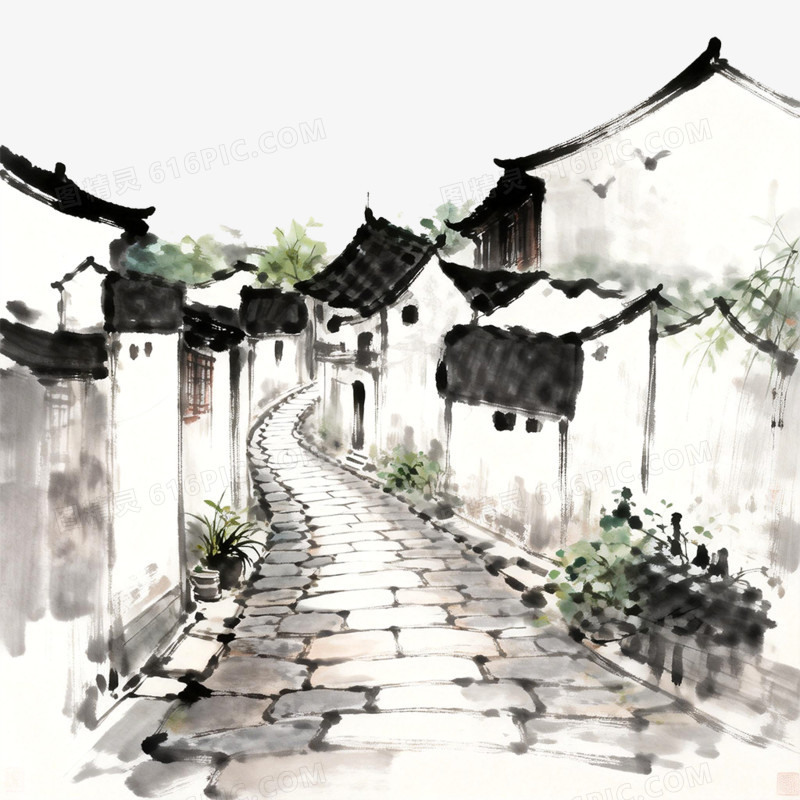 卡通手绘古镇风光免抠元素