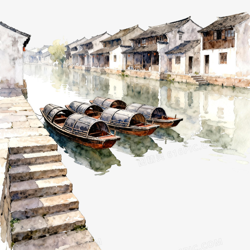 中式水墨风手绘古镇风光免抠元素