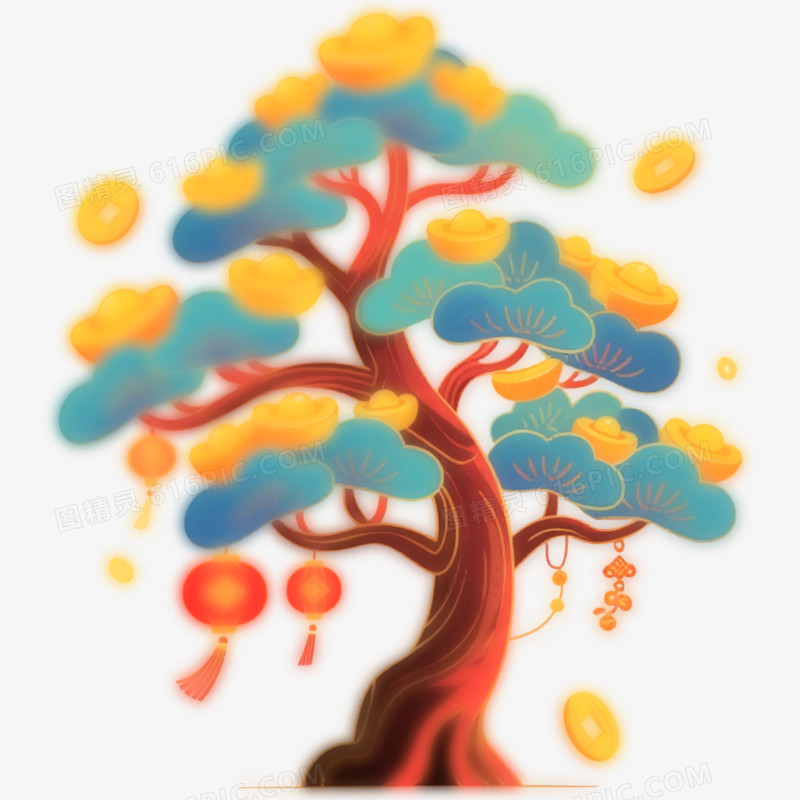 弥散风新年春节发财树免抠元素