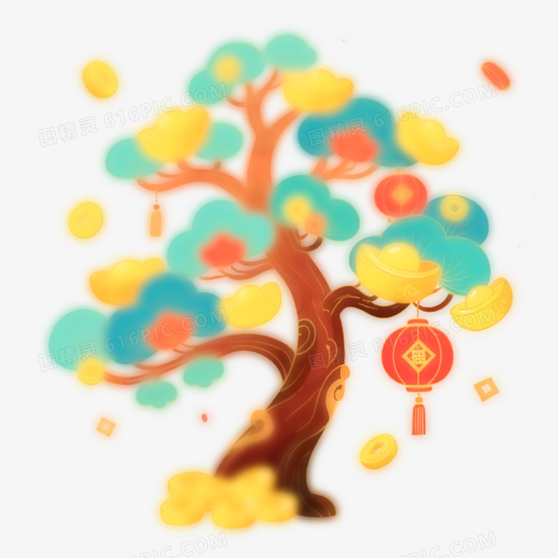弥散风新年春节发财树免抠元素