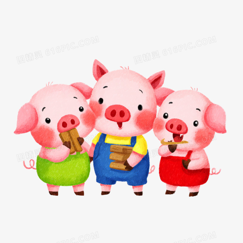 卡通手绘童话故事三只小猪免抠元素