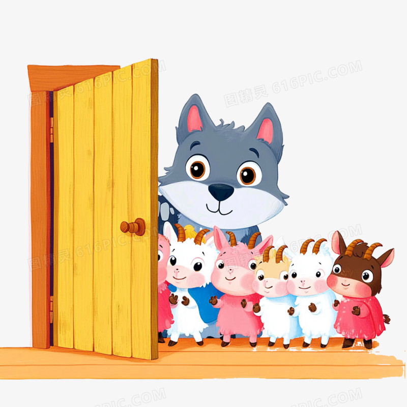 卡通手绘格林童话狼和七只小山羊免抠元素