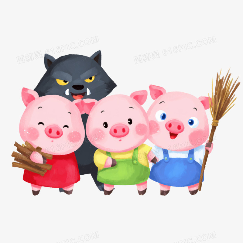 卡通手绘童话故事三只小猪免抠元素