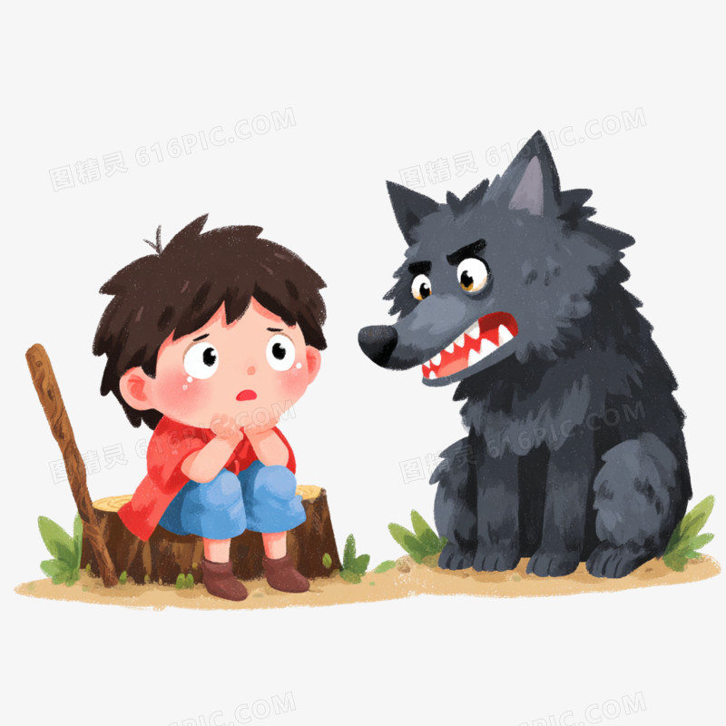卡通手绘童话故事狼来了免抠元素