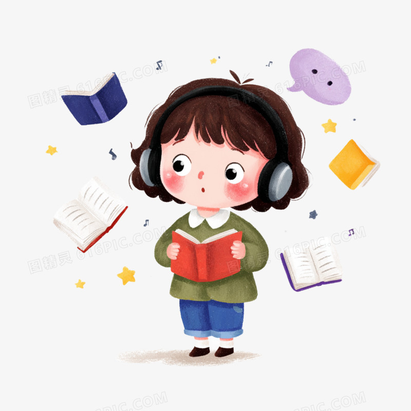 卡通手绘听音乐学习的小女孩免抠元素