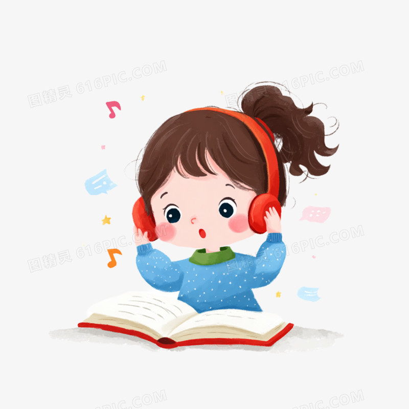 卡通手绘听音乐学习的小女孩免抠元素