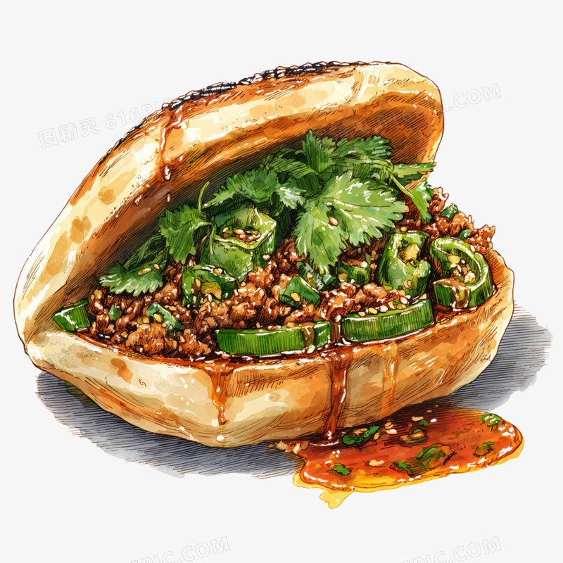 卡通手绘陕西肉夹馍免抠元素