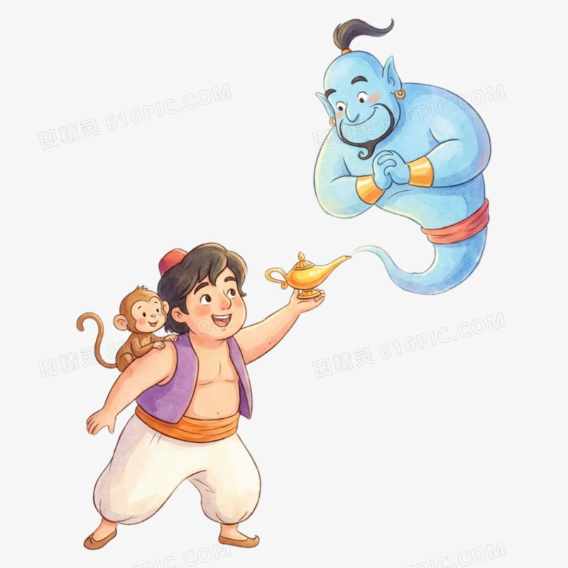 卡通手绘童话故事阿拉丁神灯免抠元素