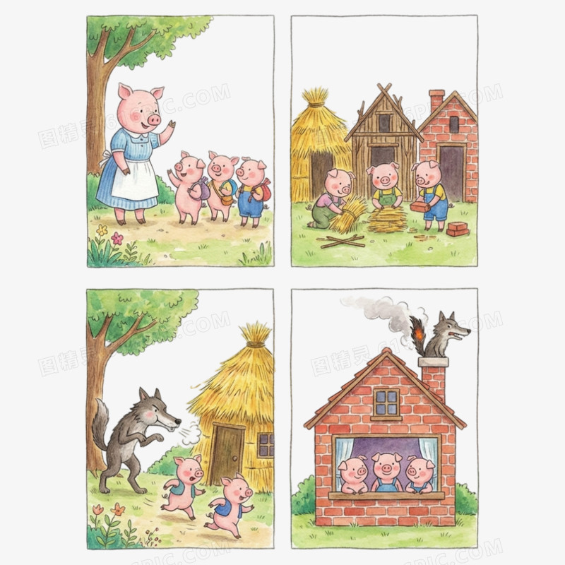 卡通手绘童话故事三只小猪免抠元素