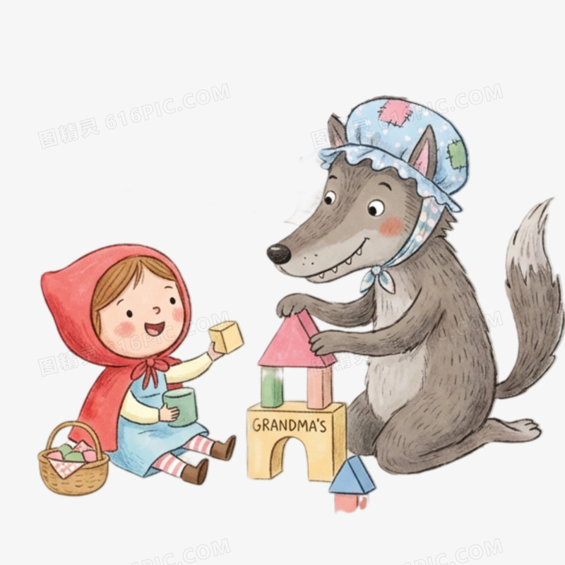 卡通手绘童话故事小红帽和狼外婆免抠元素
