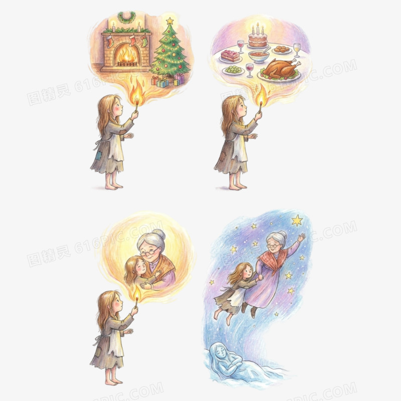 卡通手绘童话故事卖火柴的小女孩免抠元素