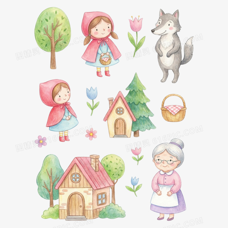 卡通手绘童话故事小红帽与大灰狼免抠元素