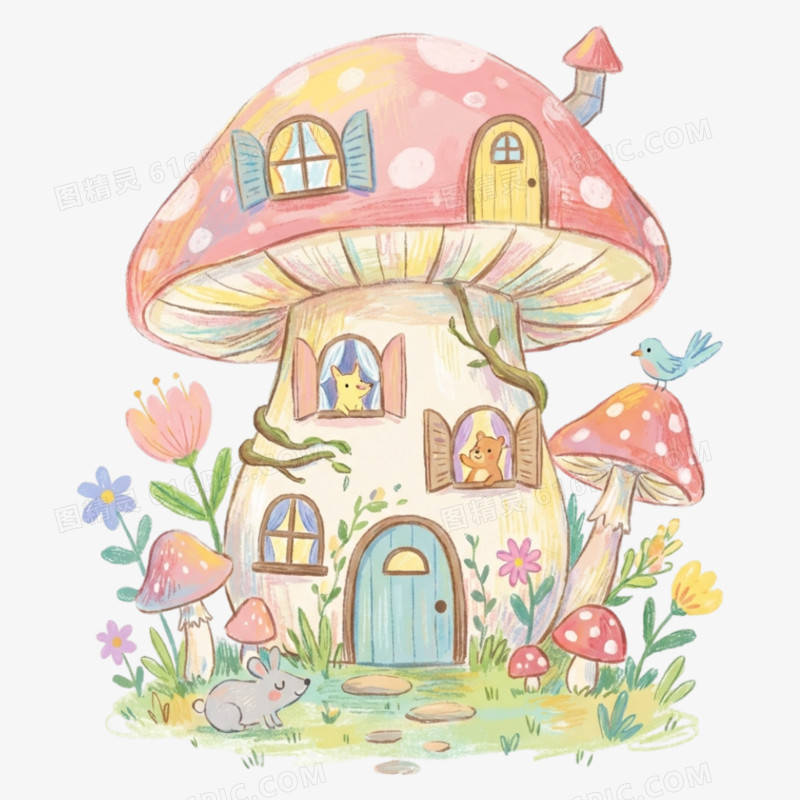 卡通手绘童话故事蘑菇屋免抠元素