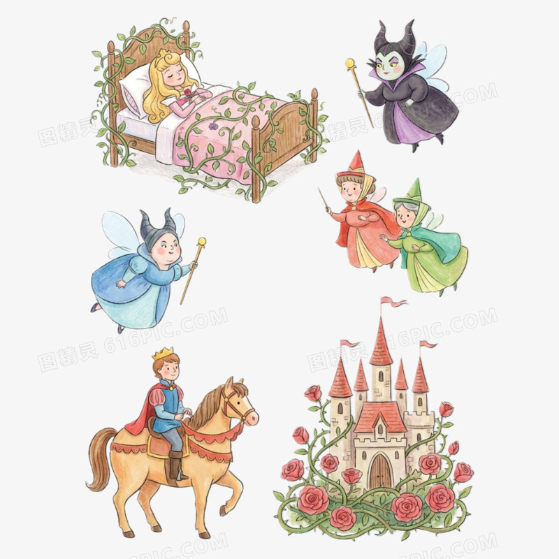 卡通手绘童话故事睡美人免抠元素