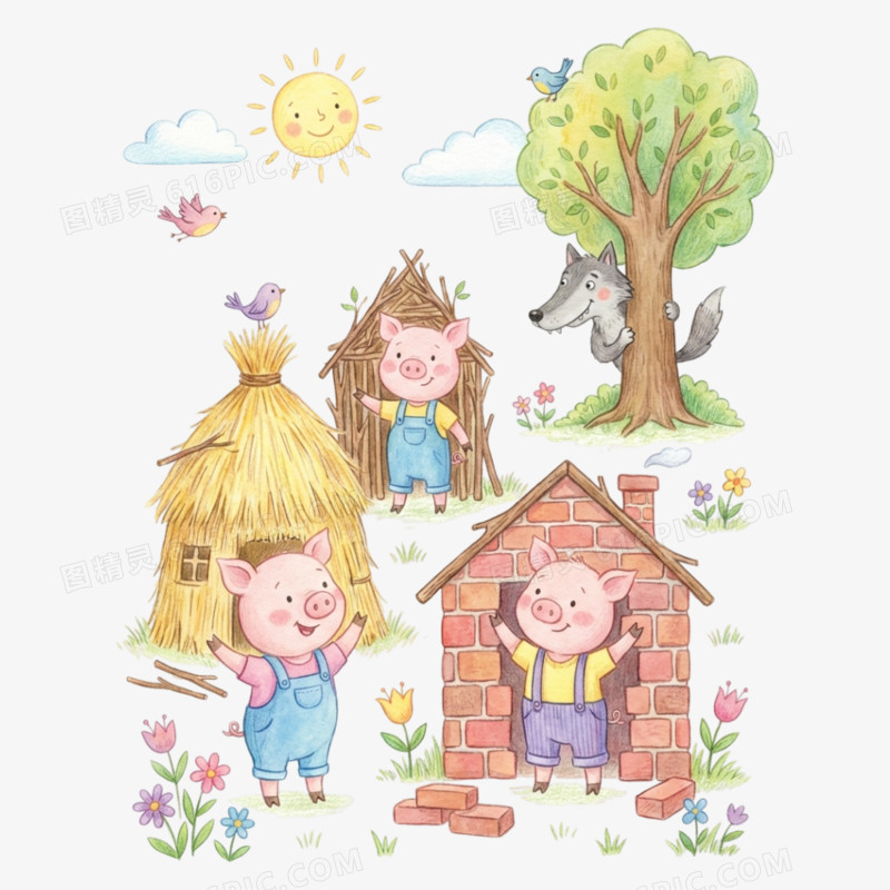 卡通手绘童话故事三只小猪免抠元素