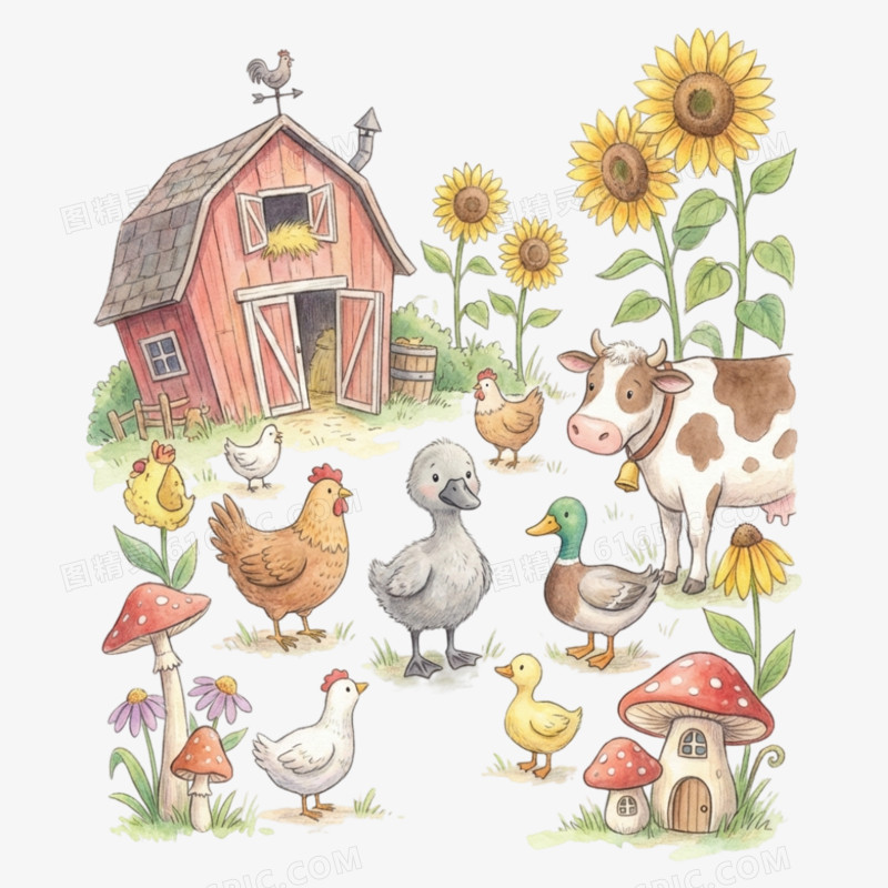 卡通手绘童话故事丑小鸭免抠元素