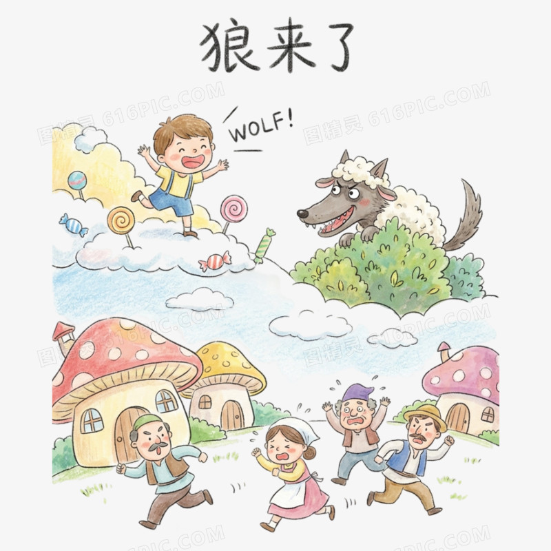 卡通手绘童话故事狼来了免抠元素