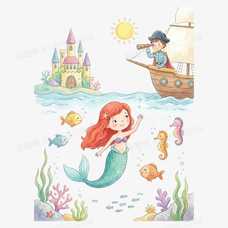 卡通手绘童话故事海的女儿美人鱼免抠元素