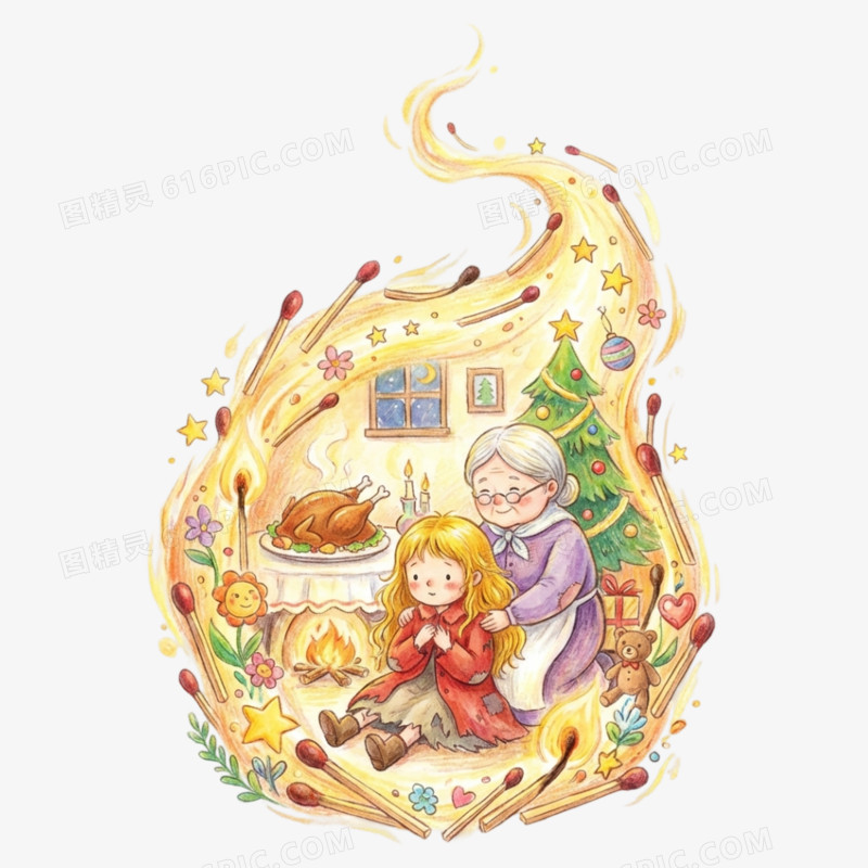卡通手绘童话故事卖火柴的小女孩免抠元素