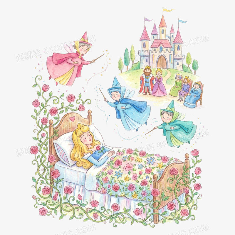 卡通手绘童话故事睡美人免抠元素