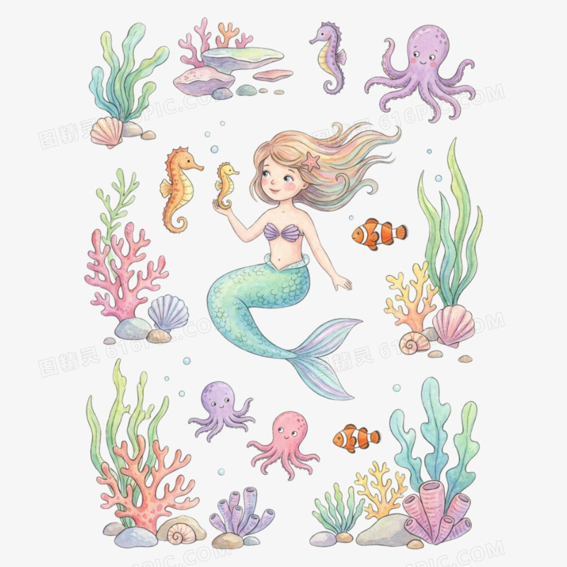 卡通手绘童话故事海的女儿美人鱼免抠元素