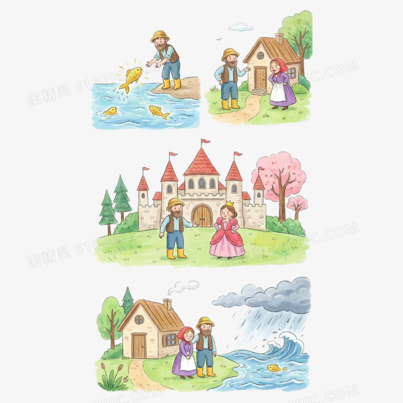 卡通手绘童话故事渔夫与他的妻子免抠元素
