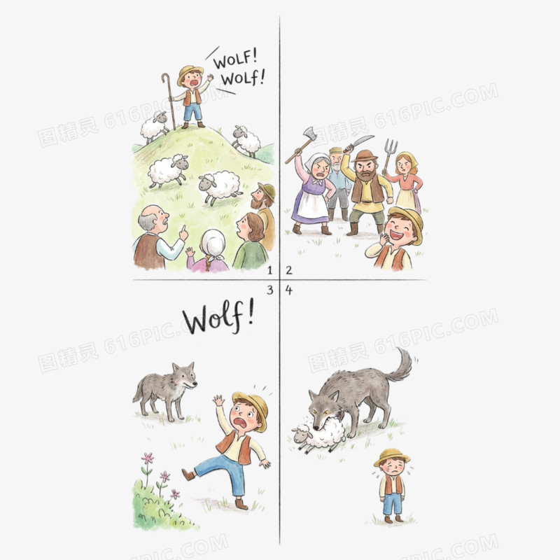 卡通手绘童话故事狼来了免抠元素