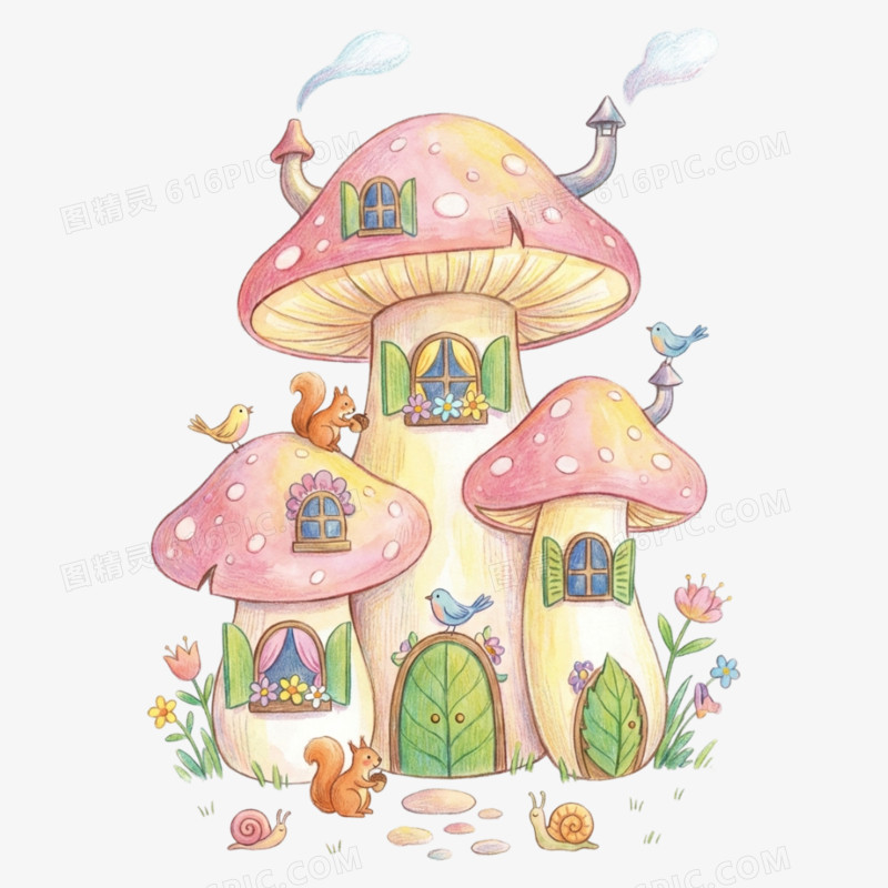 卡通手绘童话故事蘑菇屋免抠元素