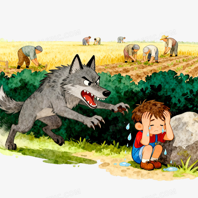 卡通手绘童话故事狼来了免抠元素