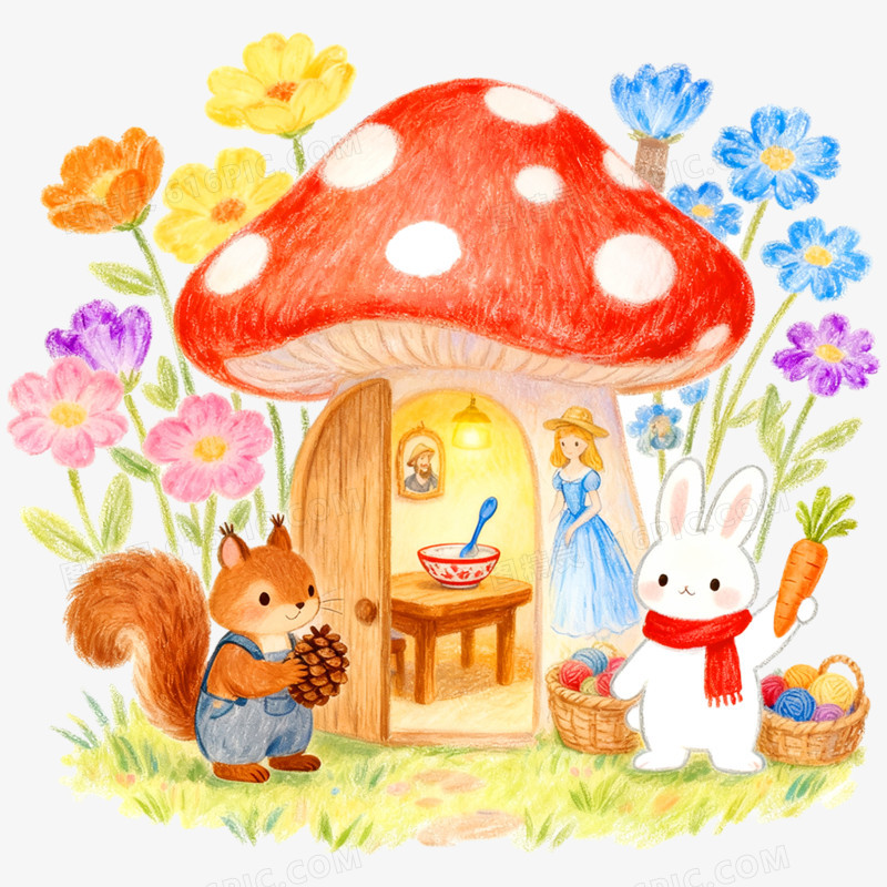 卡通手绘童话故事蘑菇屋免抠元素