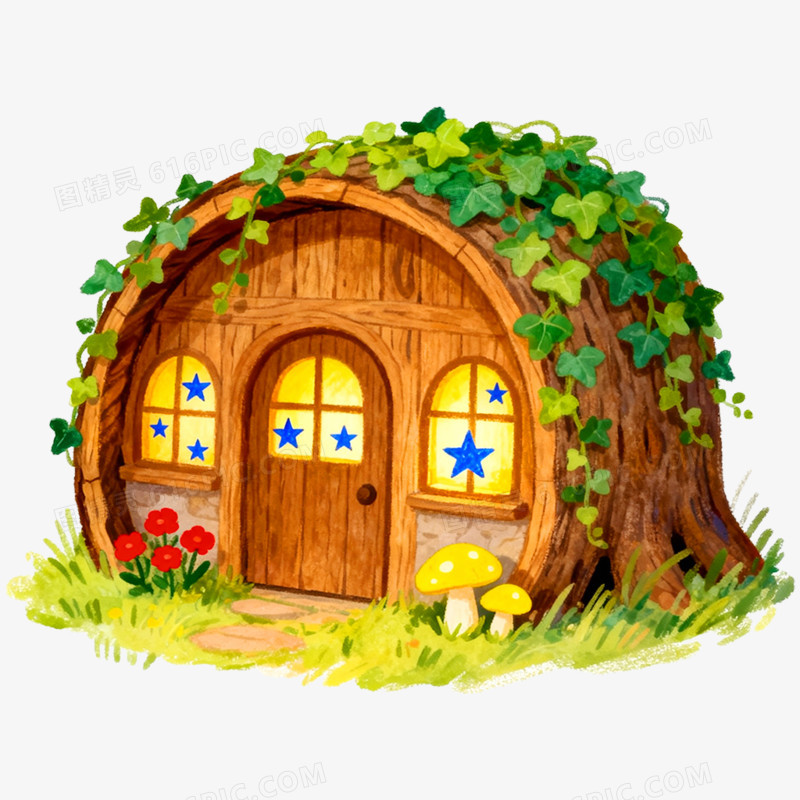 卡通手绘童话故事树洞屋免抠元素