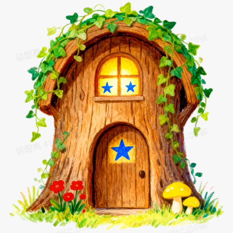 卡通手绘童话故事树洞屋免抠元素