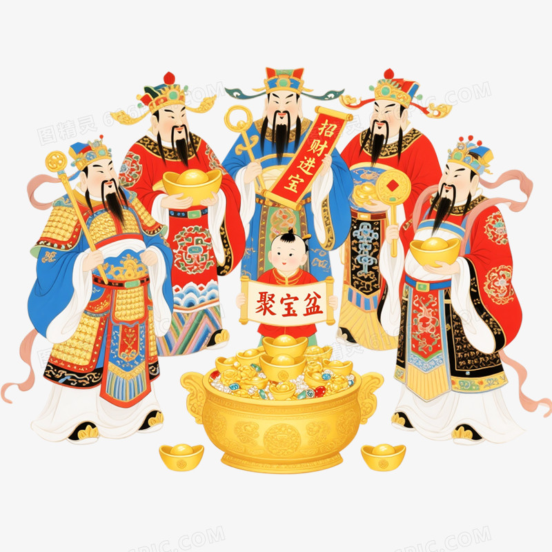 卡通手绘五路财神免抠元素